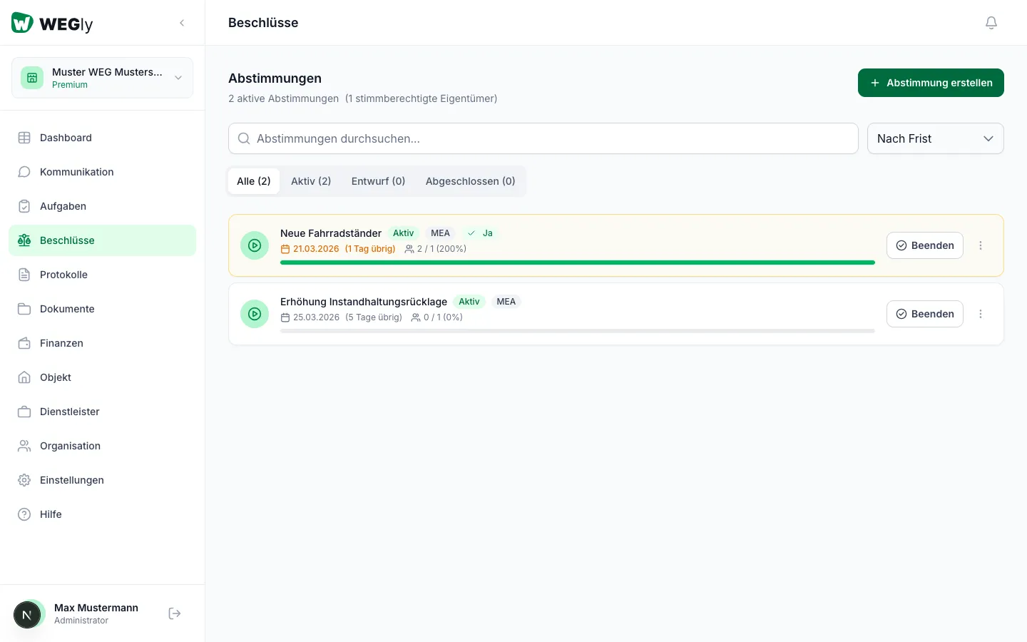 Beschlüsse-Übersicht in WEGly