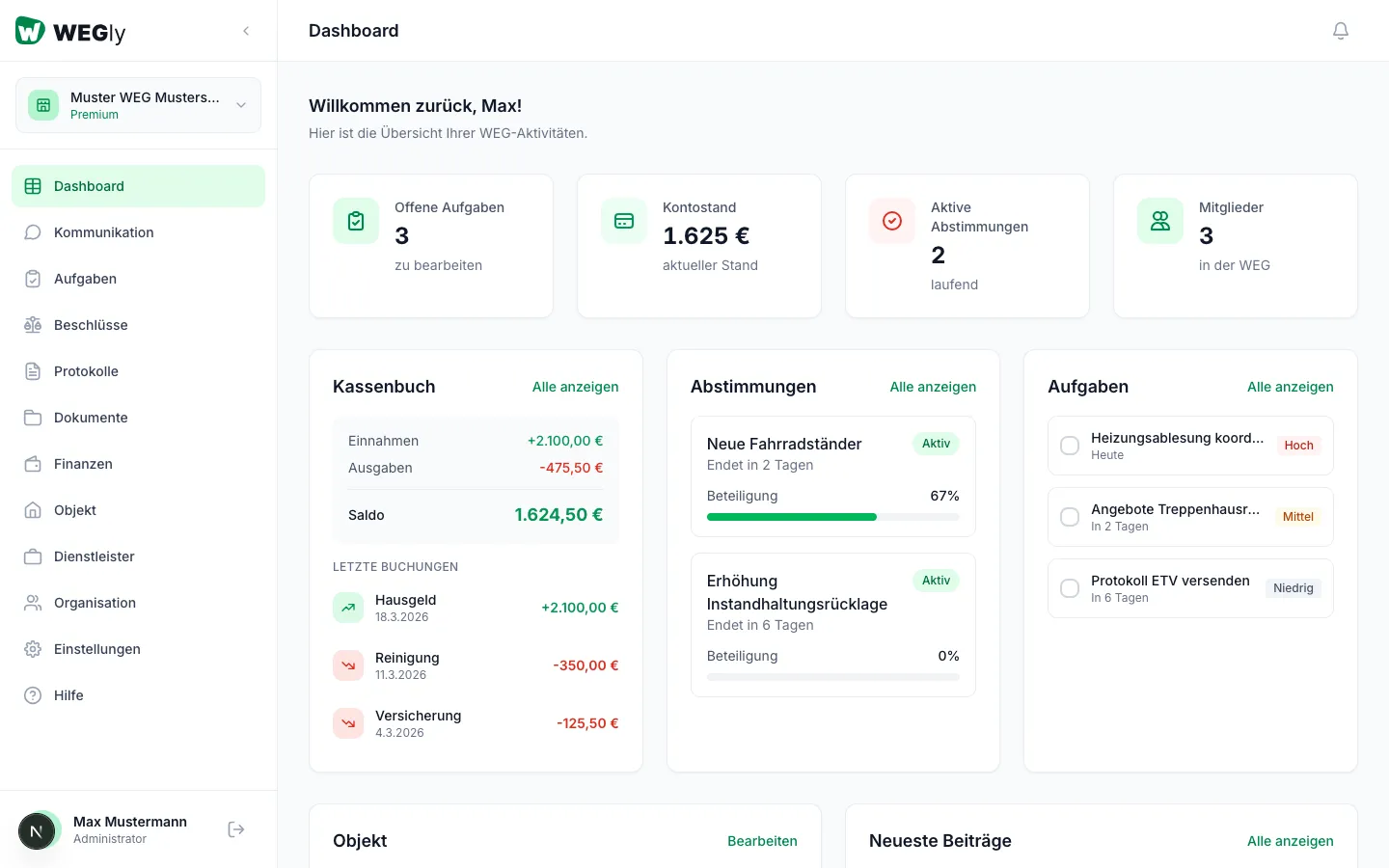 Dashboard-Übersicht in WEGly