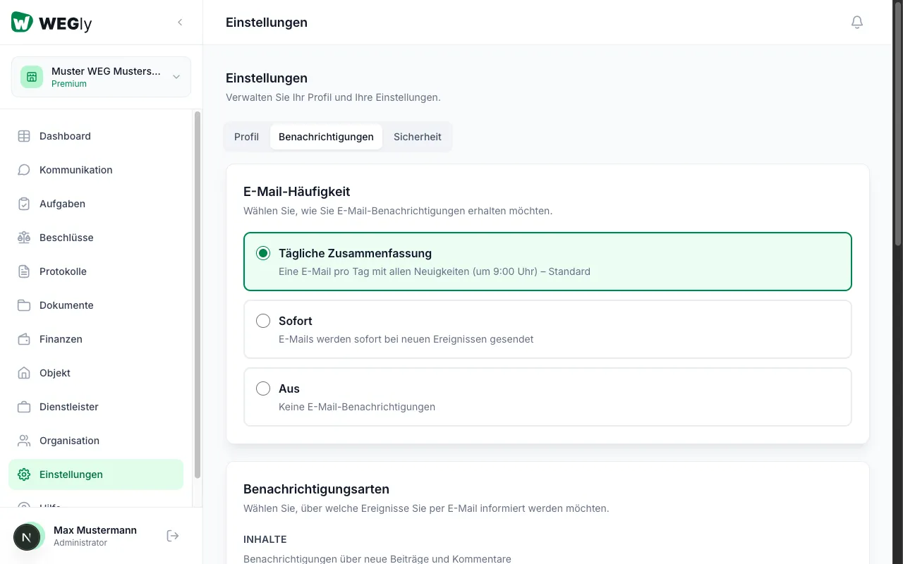 Benachrichtigungen in WEGly