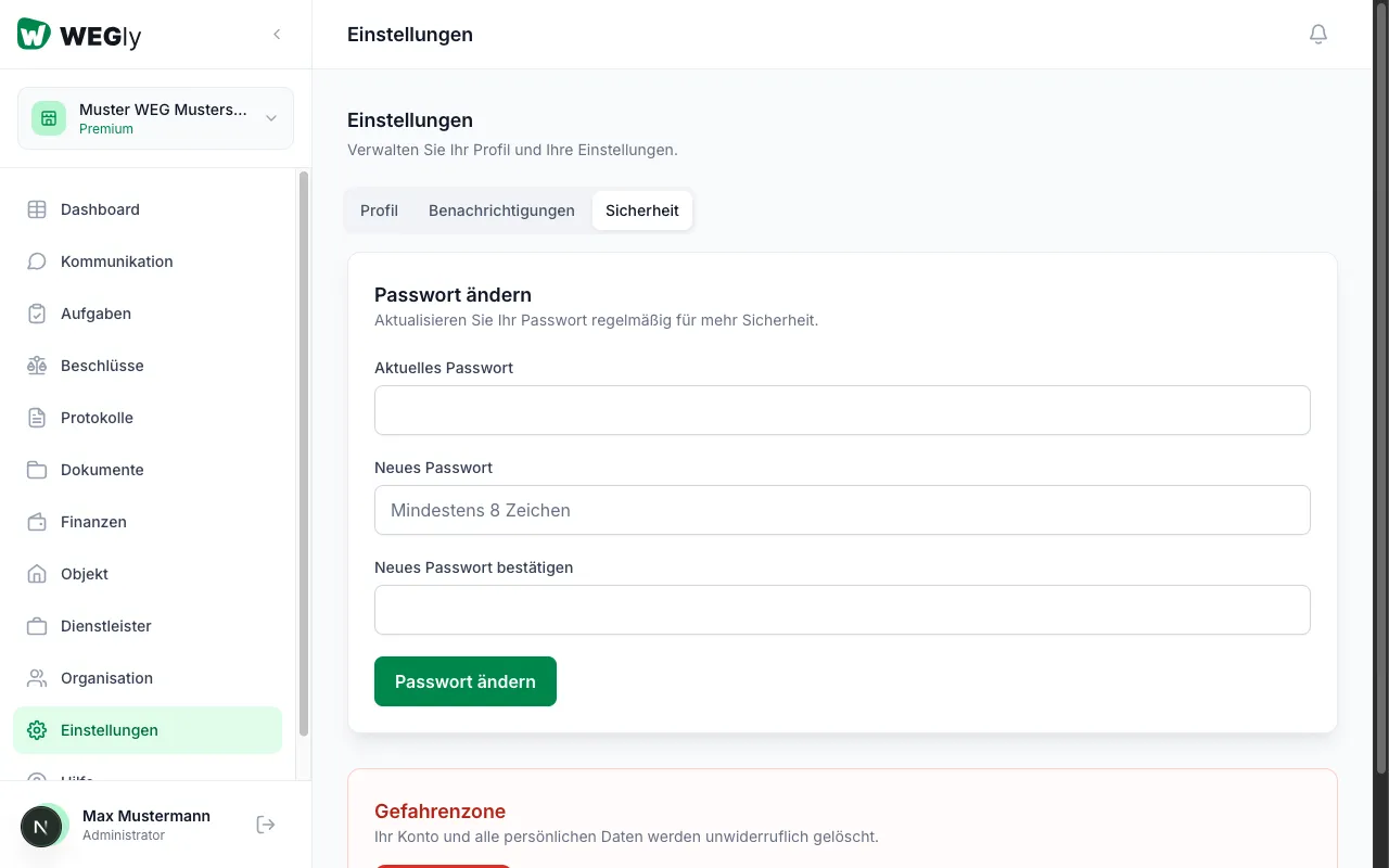 Sicherheit und Passwort in WEGly