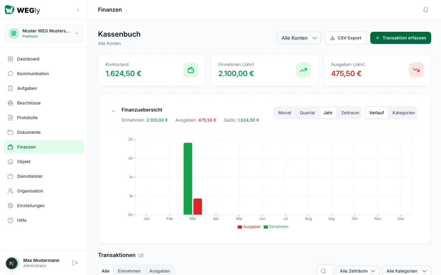 Kassenbuch-Übersicht in WEGly