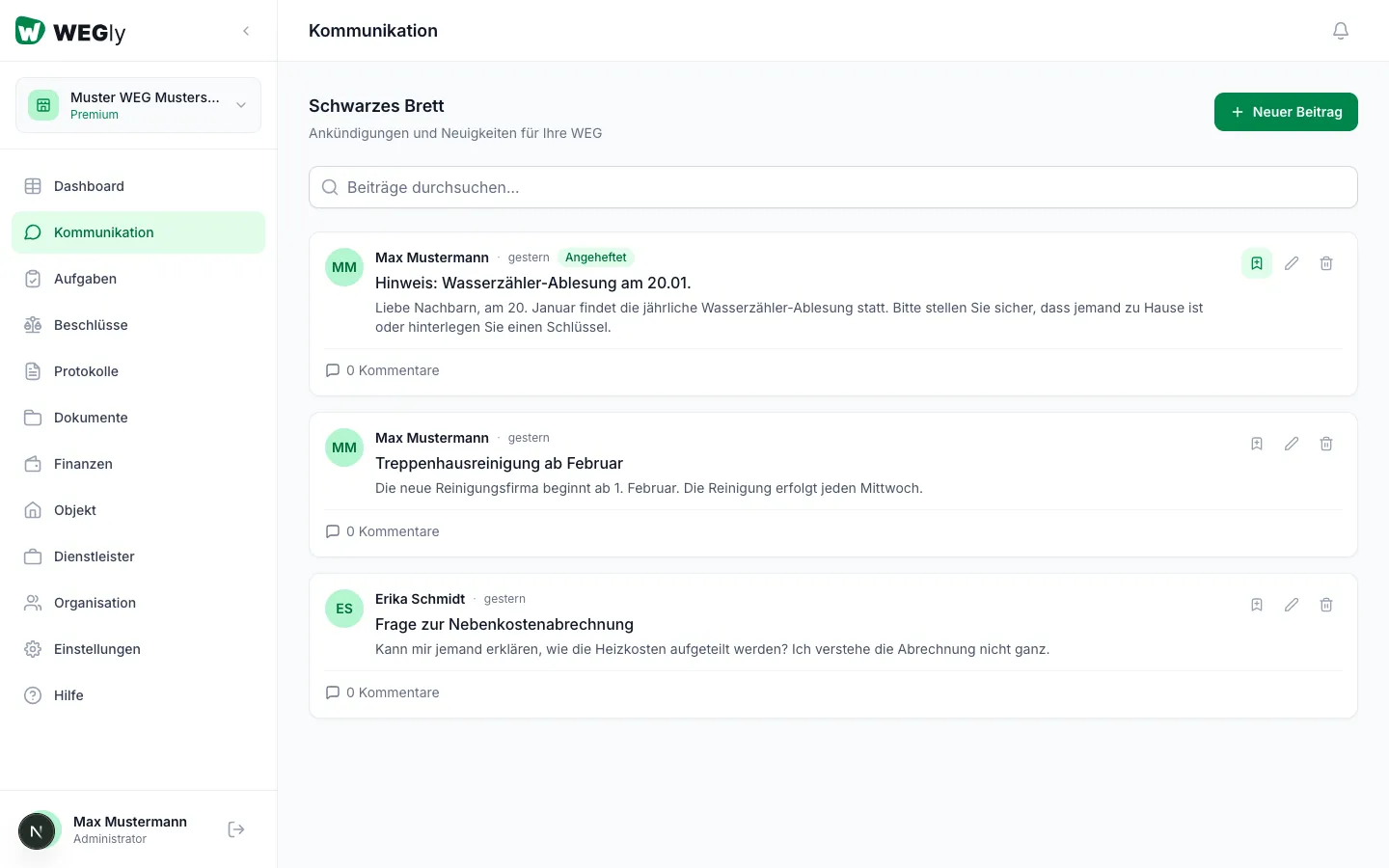 Schwarzes Brett in WEGly